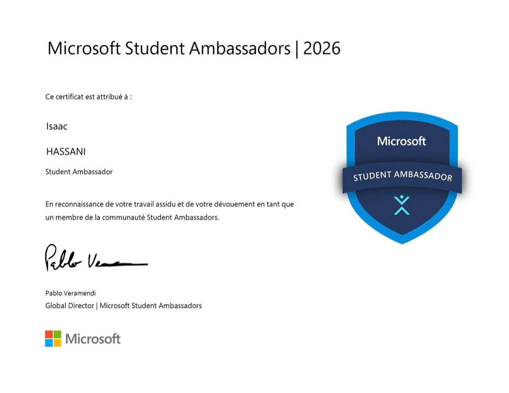 Certificat Microsoft Student Ambassadors 2026 attribué à Isaac Hassani
